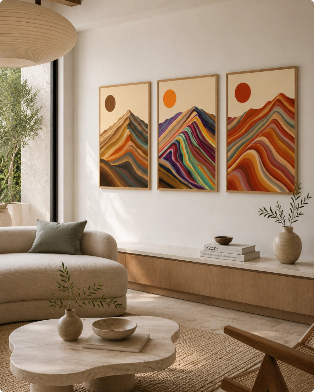 Lifestyle mockup of the triptych minimalist landscape in maple frames displayed above a low beige sofa in a sunlit room.