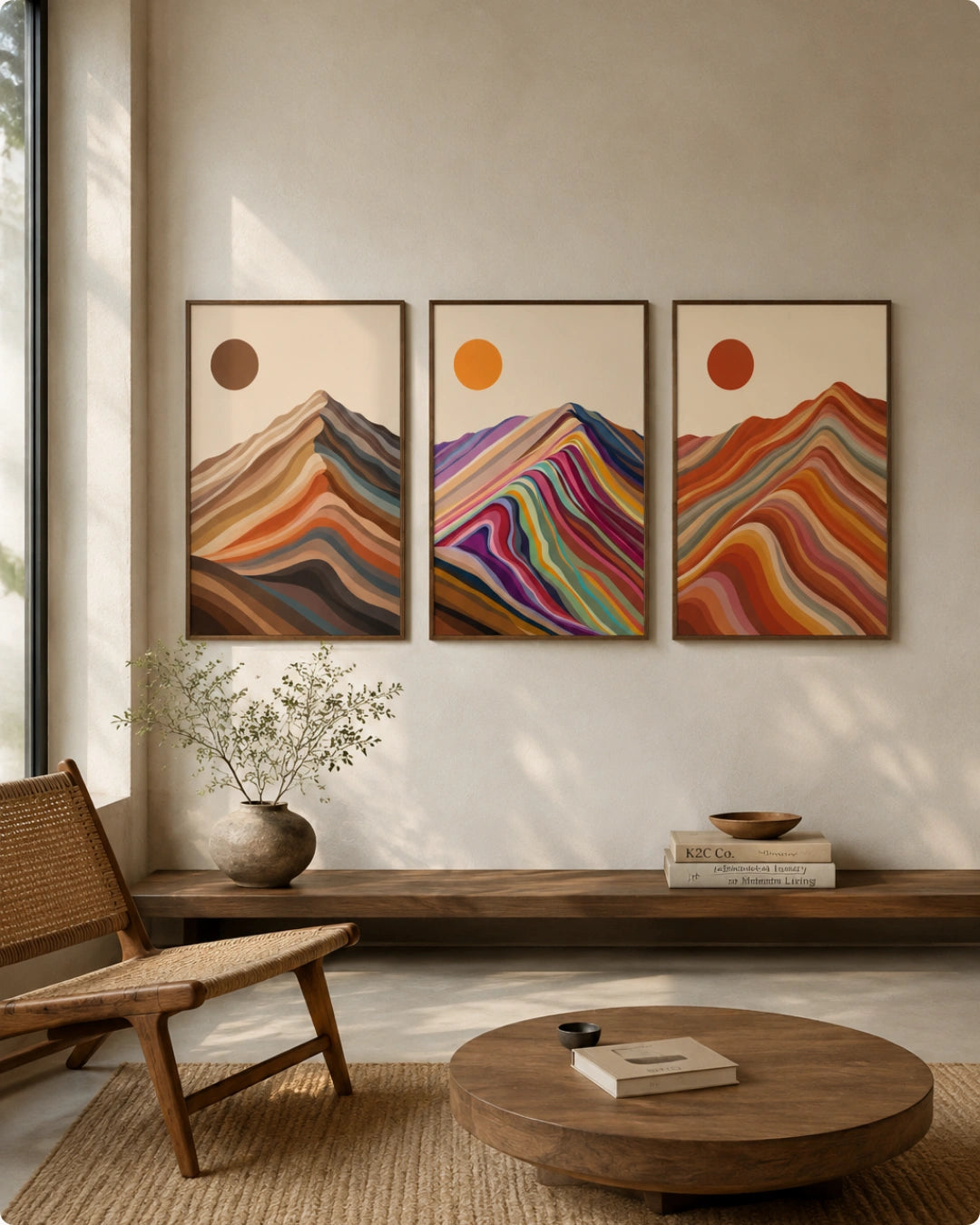 Lifestyle mockup of the 3 panel landscape paintings in walnut frames styled above a low rustic wood bench and lounge chair.