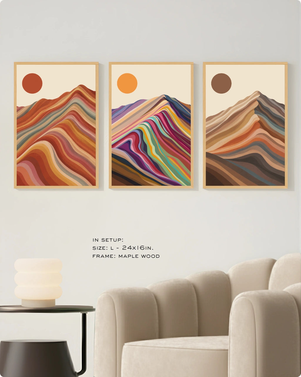 Visual size guide mockup for the large scale abstract landscape canvas in Extra Large size with gold frames displayed over a minimalist ribbed sofa.