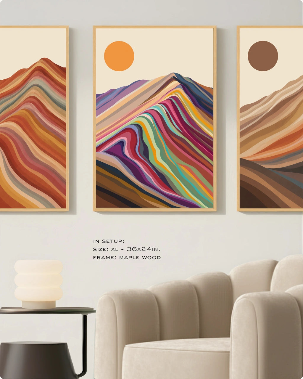 Visual size guide mockup for the minimalist boho landscape wall decor in Medium size with gold frames displayed over a minimalist ribbed sofa.