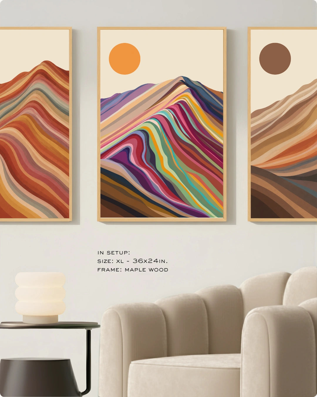 Visual size guide mockup for the minimalist boho landscape wall decor in Medium size with gold frames displayed over a minimalist ribbed sofa.