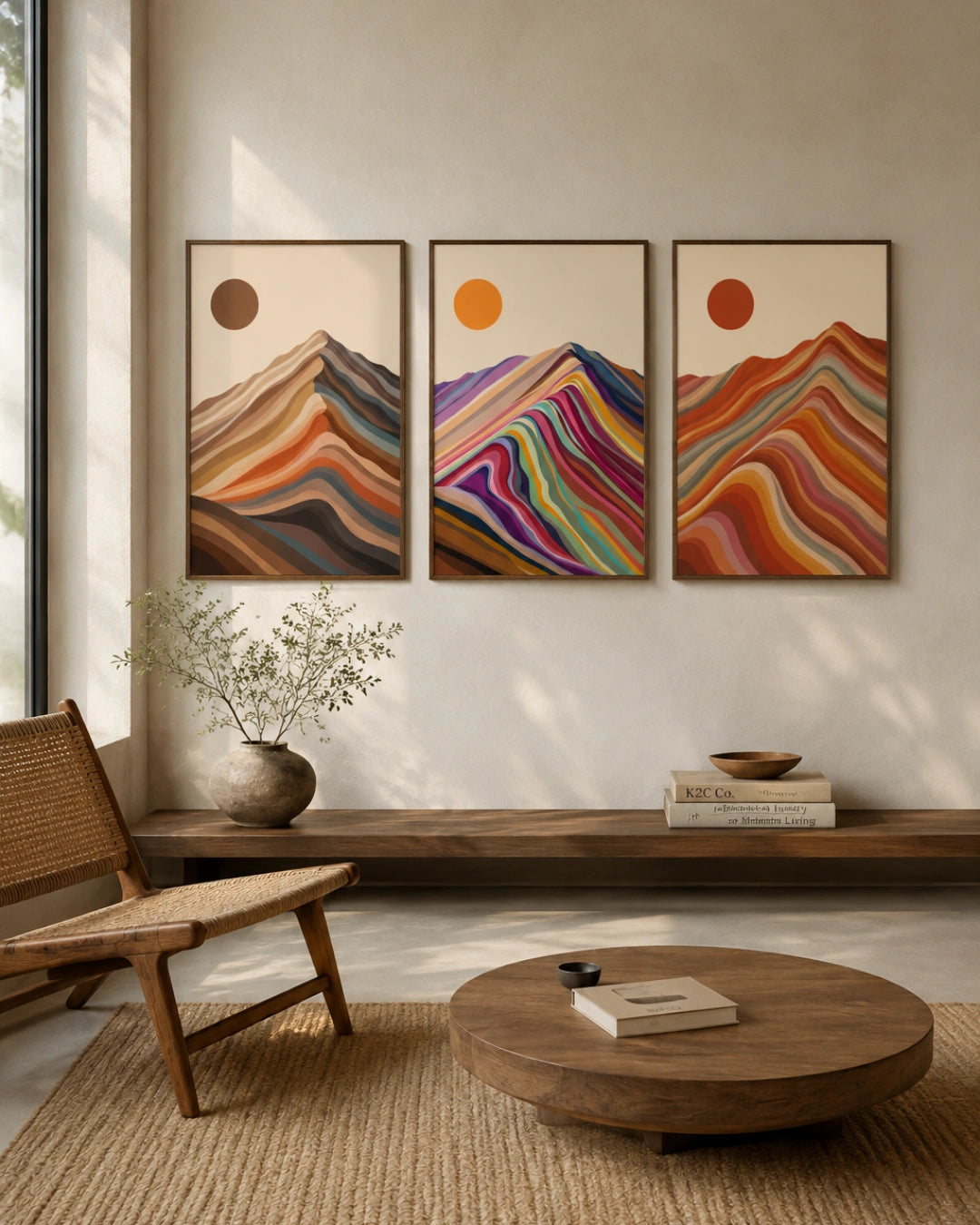Alternate lifestyle interior mockup of the 3 panel landscape paintings in walnut frames styled above a low rustic wood bench and lounge chair.