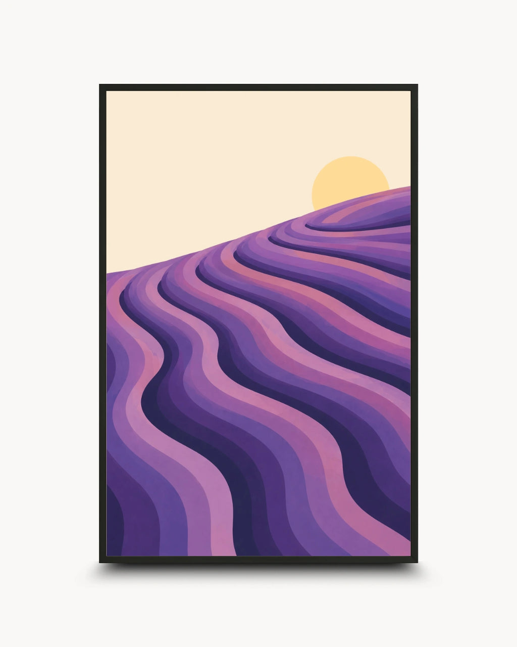 Minimalist abstract landscape wall art featuring flowing purple lavender fields and a golden sun, presented in a black frame.
