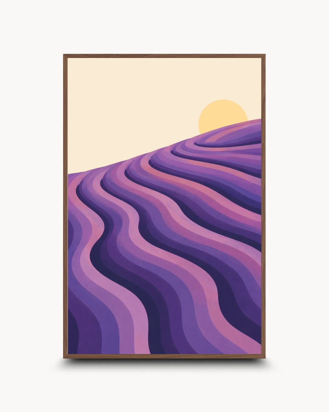 A minimalist art print featuring stylized purple and lavender rolling hills under a pale yellow sun and cream sky, shown with a thin white border on a light gray background.