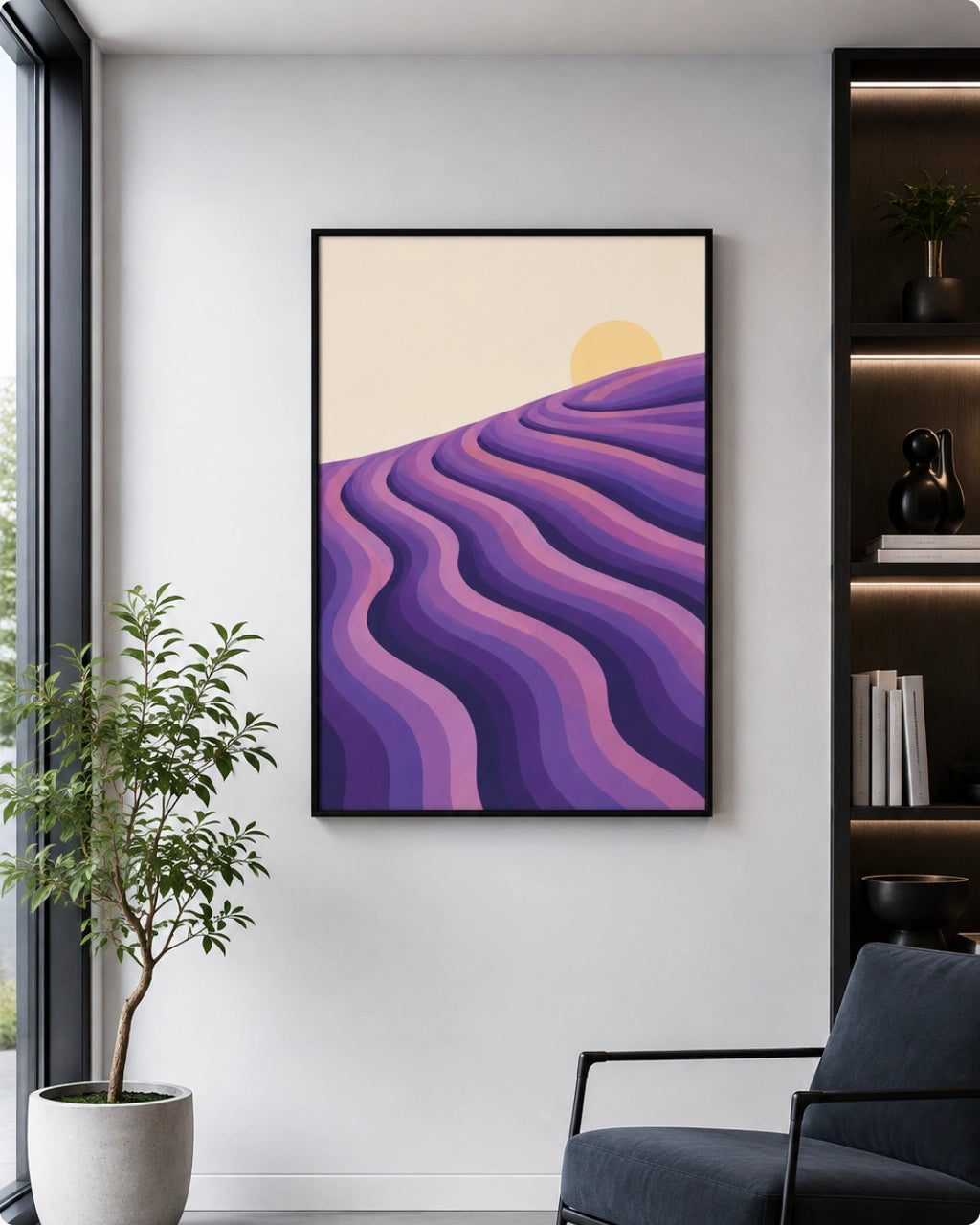 Lifestyle mockup of the purple landscape wall decor in a black frame styled near a modern dark accent chair and an indoor olive tree.
