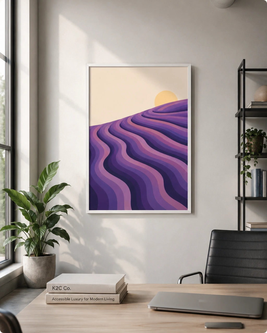 A framed art print featuring stylized purple and lavender wavy hills under a pale yellow sun, displayed on a light gray wall in a modern office setting with a desk, laptop, chair, and potted plant.