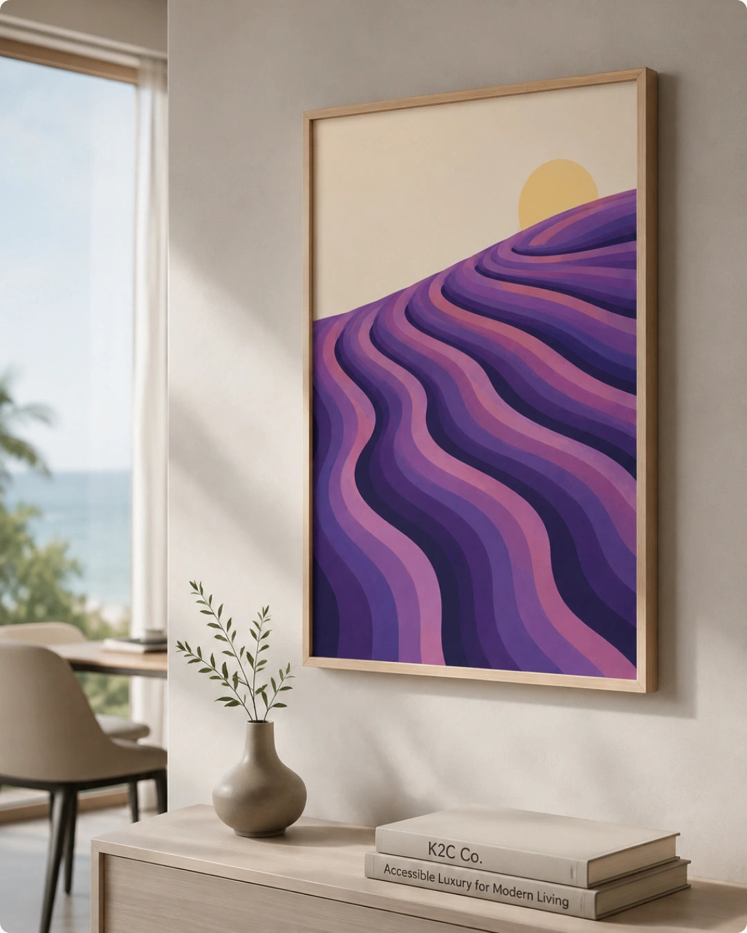 A framed abstract art print featuring wavy purple and pink hills with a yellow sun on a cream background, displayed on a wall in a modern interior setting.
