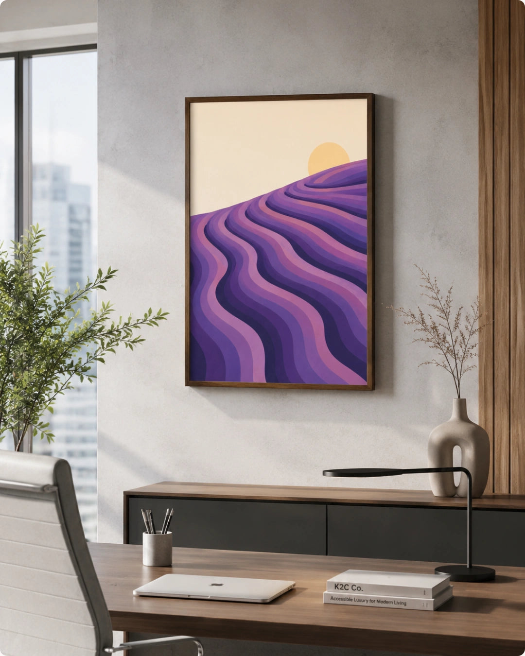 A framed wall art print featuring a stylized purple lavender field under a pale yellow sun, displayed in a modern office setting above a wooden desk.