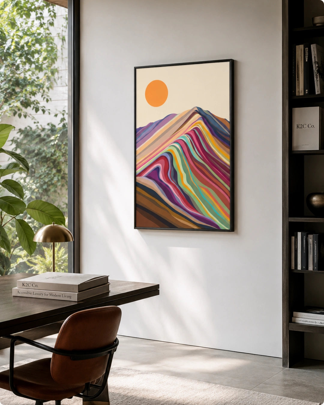 A framed abstract art print featuring colorful wavy mountain-like stripes and an orange sun on a cream background, displayed on a white wall in a modern home office setting with a desk, chair, and bookshelf.