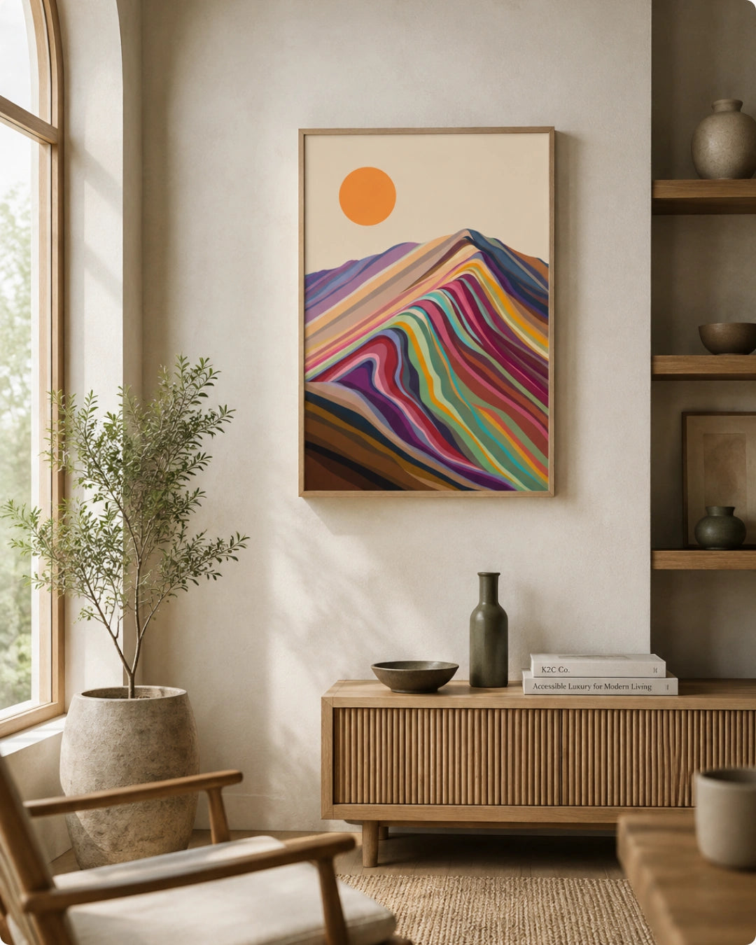 A framed abstract art print featuring colorful wavy mountain-like stripes and an orange sun on a cream background, displayed on a white wall in a modern home office setting with a desk, chair, and bookshelf.