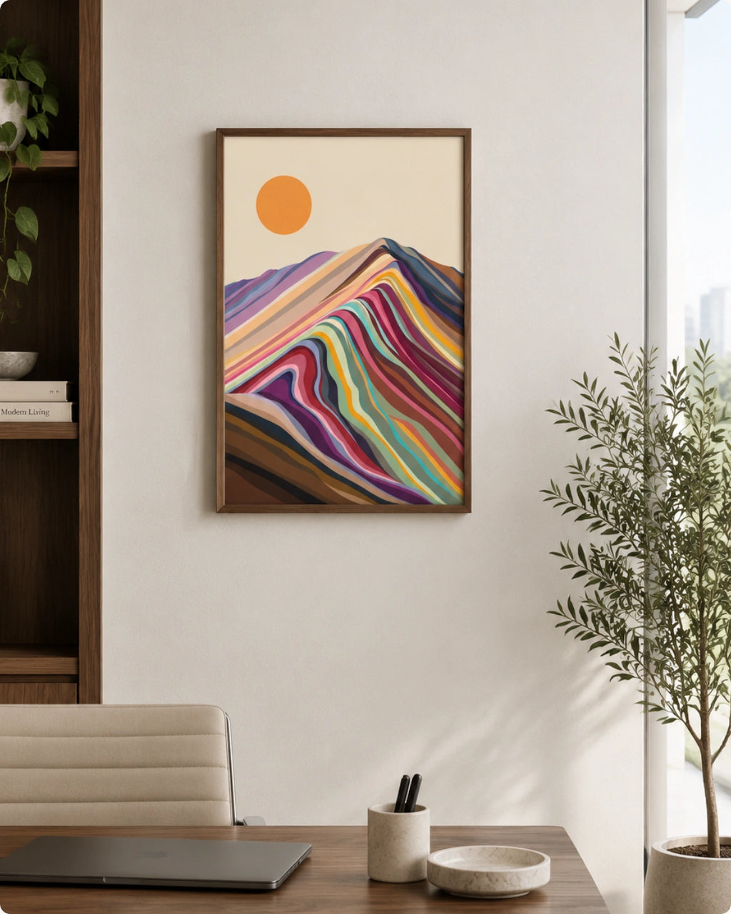 A framed abstract art print featuring colorful layered mountain waves and a yellow sun on a cream background, displayed on a white wall above a wooden desk in a modern home office setting.