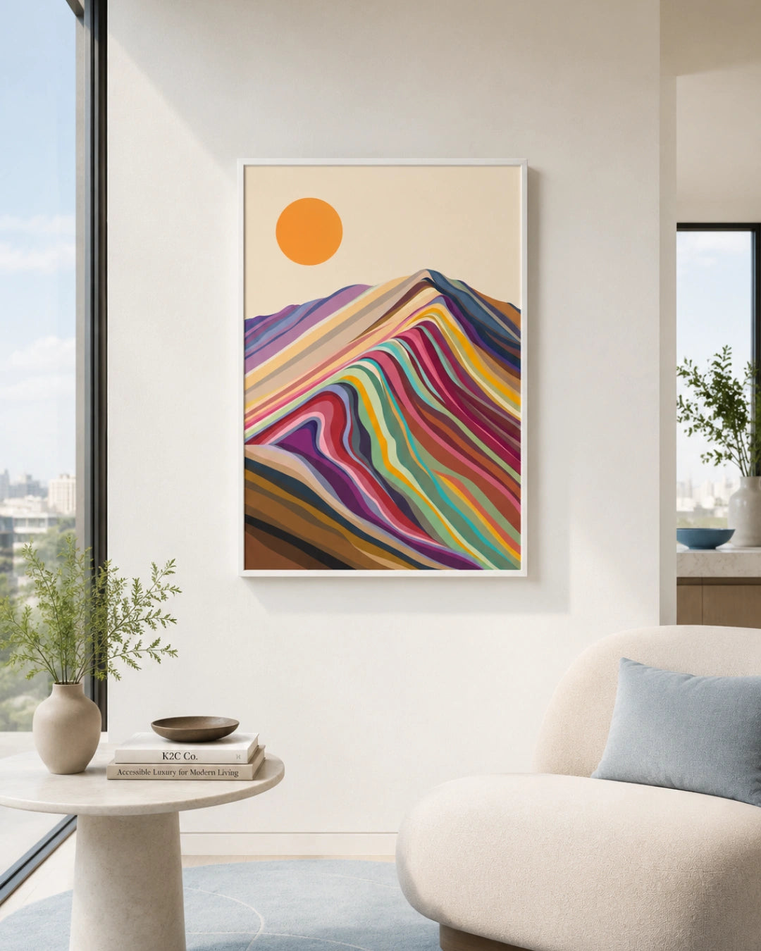 A framed art print featuring a colorful striped mountain landscape and a yellow sun on a cream background, displayed on a white wall in a modern living room setting.