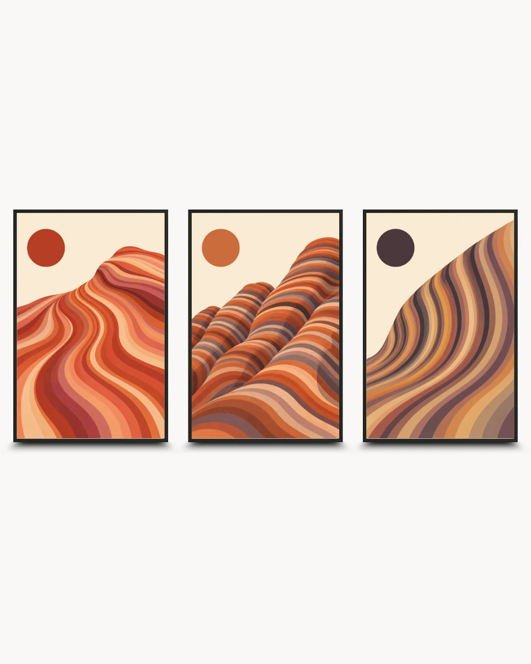 Minimalist abstract landscape wall art triptych featuring flowing sandstone and rock formations from Fire Wave, Bungle Bungle, and Wave Rock, presented in frames.
