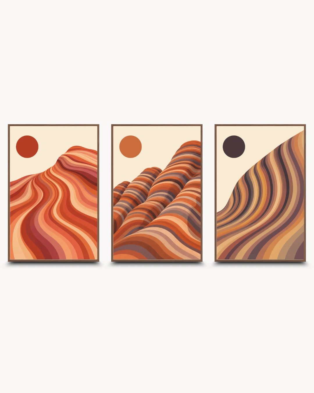 Minimalist abstract landscape wall art triptych featuring flowing sandstone and rock formations from Fire Wave, Bungle Bungle, and Wave Rock, presented in frames.