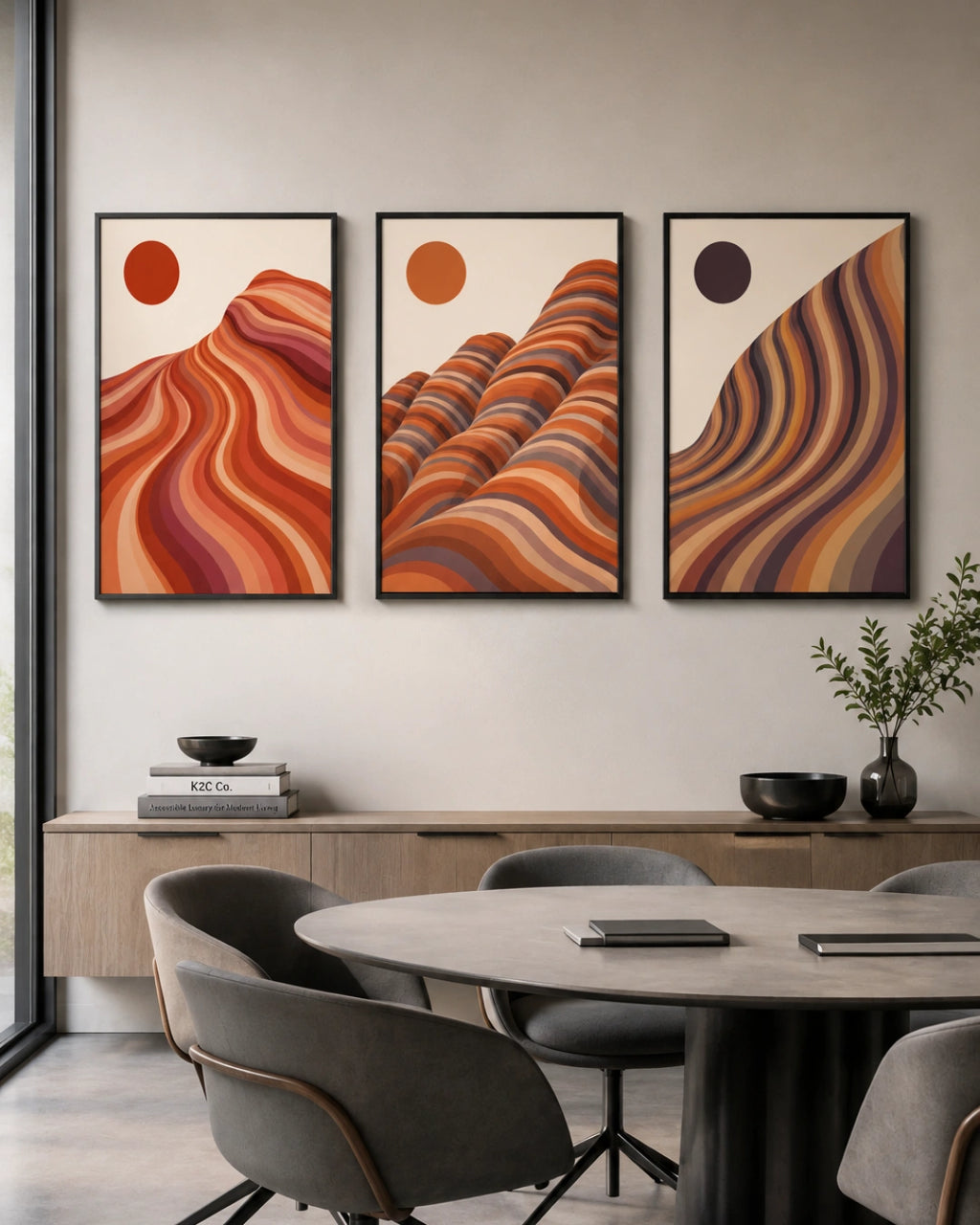 Three framed abstract landscape wall art prints with warm orange, red, and brown wavy patterns hang above a dining table in a modern interior setting.