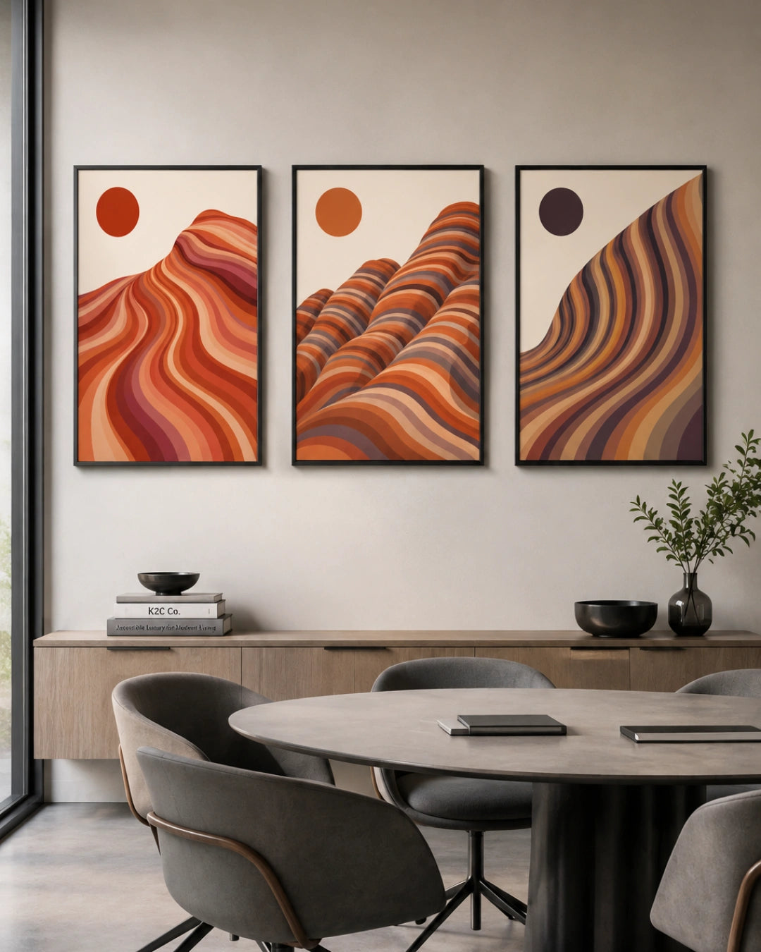 Three framed abstract landscape wall art prints with warm orange, red, and brown wavy patterns hang above a dining table in a modern interior setting.