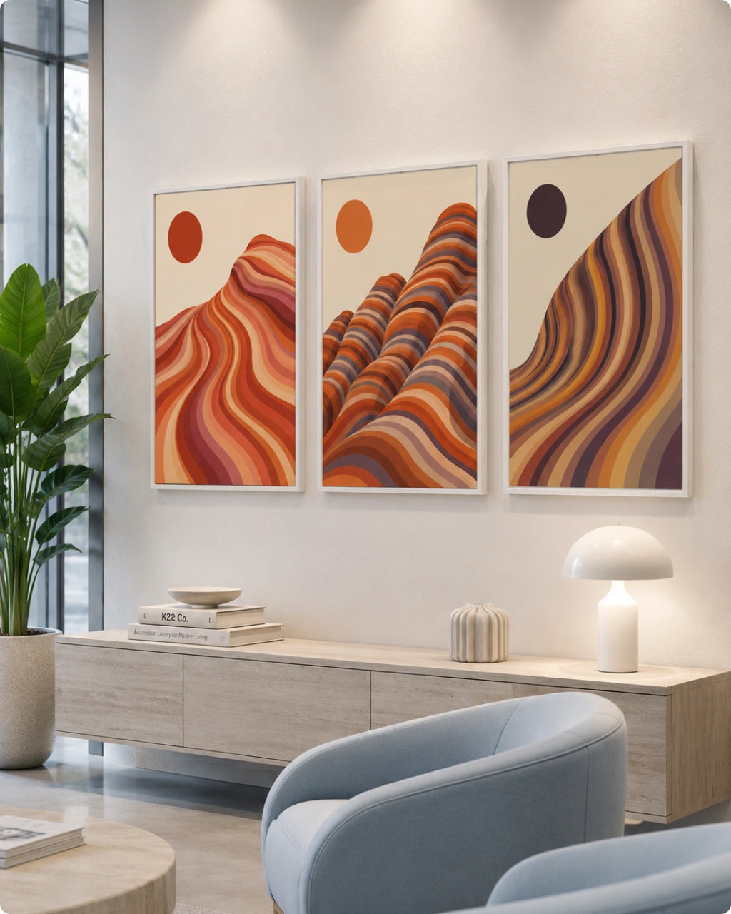 Three framed abstract wall art prints with warm orange, red, brown, and cream wave-like designs hang above a light wood console in a modern living room with a blue chair, lamp, and plant.