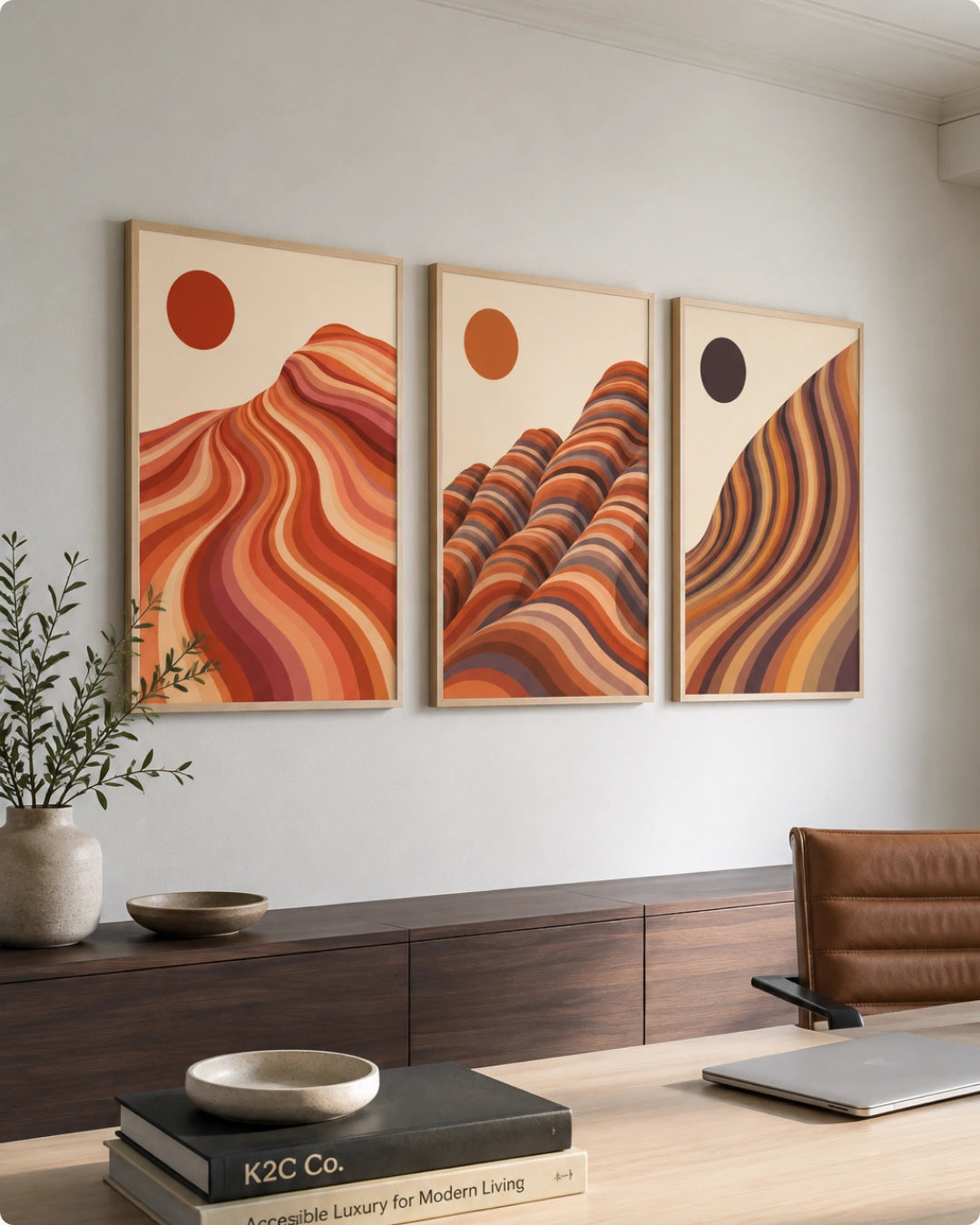 Three framed abstract landscape wall art prints in warm earthy tones hang on a light gray wall above a wooden console table in a styled interior room.