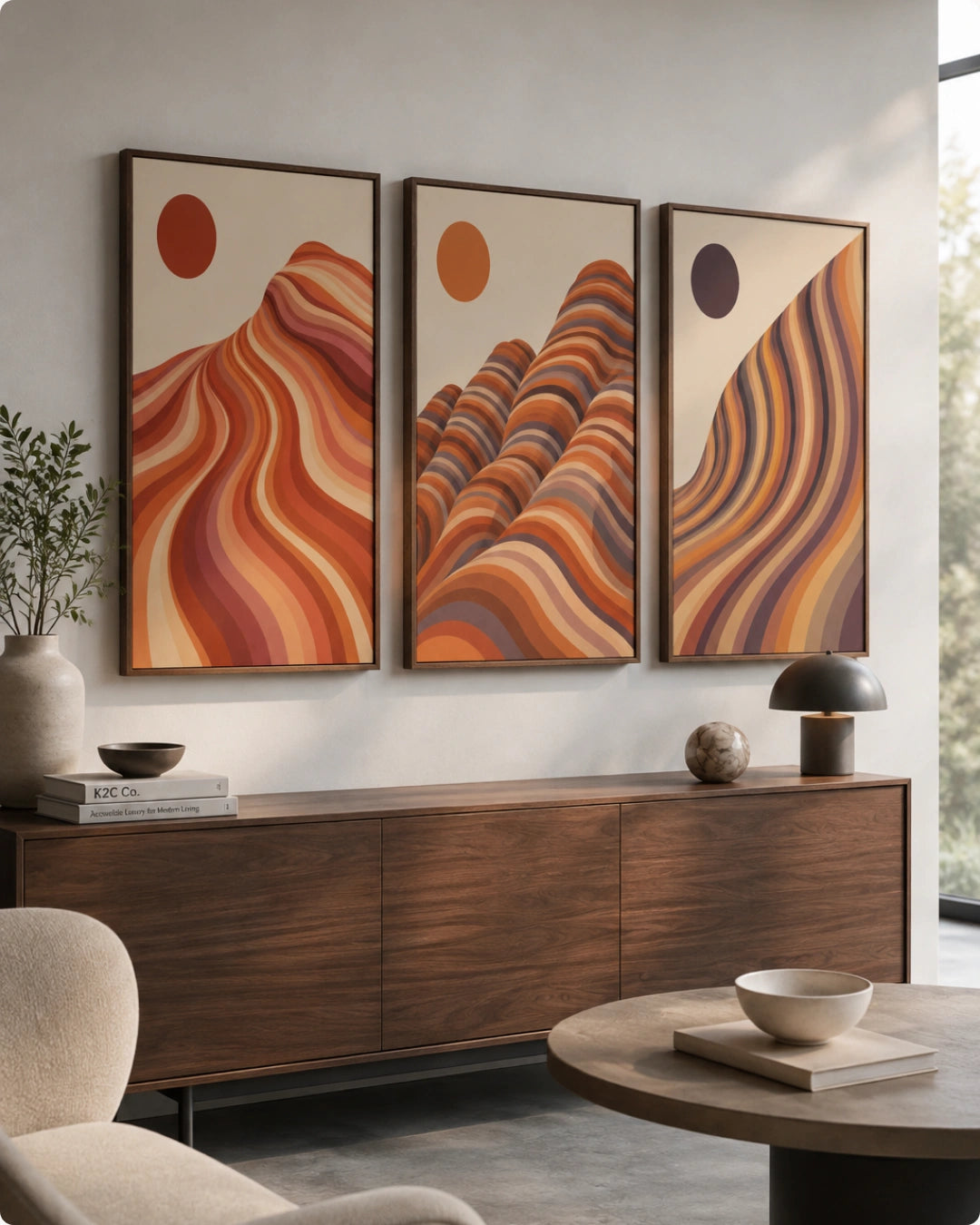 Three framed abstract landscape art prints with wavy orange, red, and brown mountain-like forms hang above a dark wood sideboard in a modern living room setting.