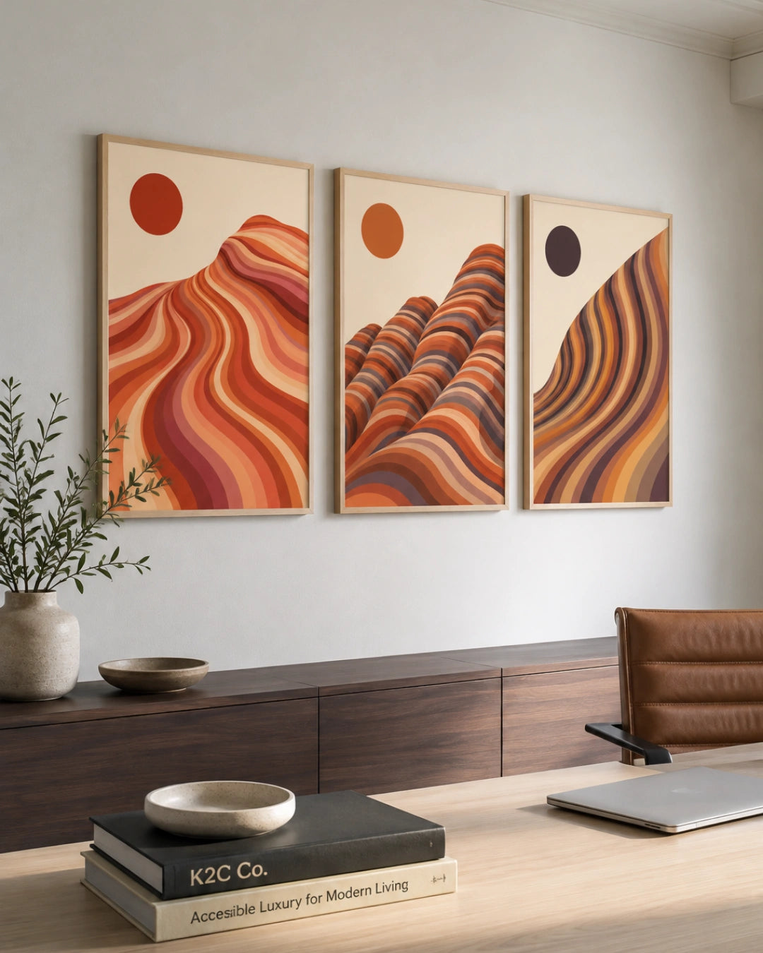 A three-panel framed wall art set hangs above a wooden console in a modern interior. The artwork features abstract desert-like wavy forms in warm orange, red, brown, and cream tones, with minimalist sun circles.