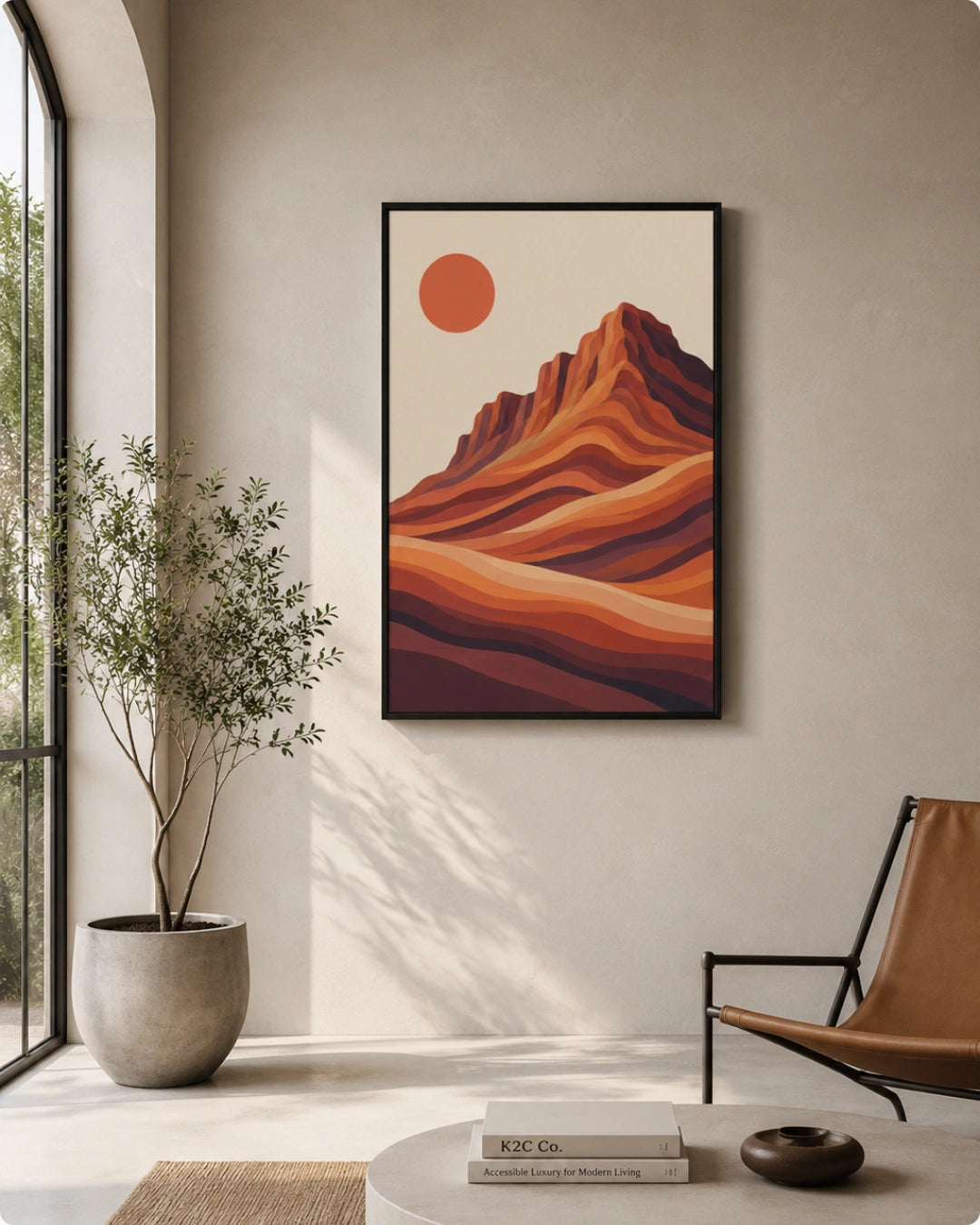 Lifestyle mockup of the minimalist desert wall art in a black frame styled in a bright room near a modern leather accent chair.