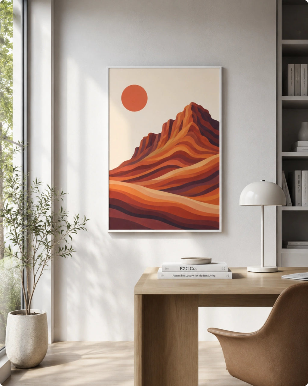 A framed art print featuring a stylized desert mountain landscape with a red sun, displayed on a light gray wall above a wooden desk in a modern, sunlit room.