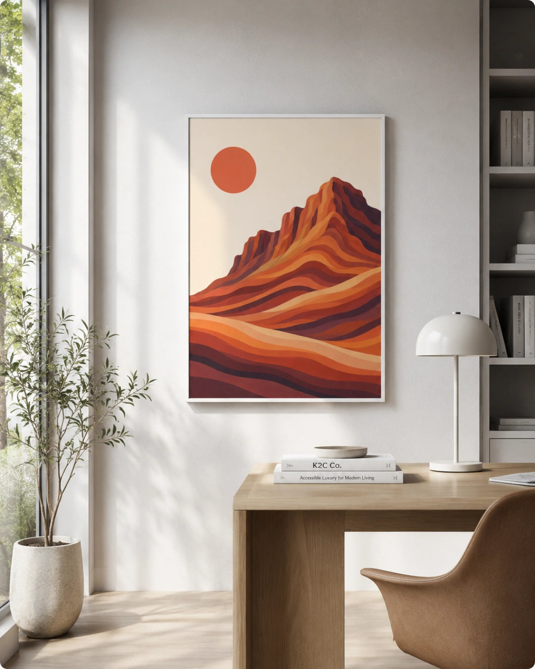 A framed art print featuring a stylized desert mountain landscape with a red sun, displayed on a light gray wall above a wooden desk in a modern, sunlit room.