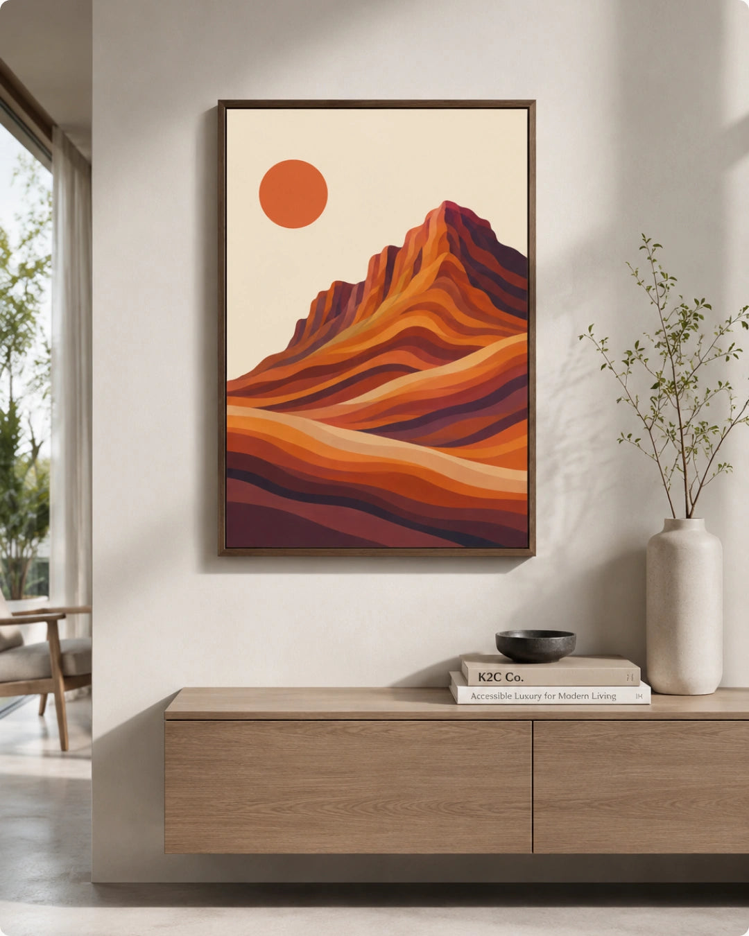 A framed art print featuring a stylized desert mountain landscape with a large orange sun, displayed on a light beige wall above a wooden console table in a modern, sunlit room.