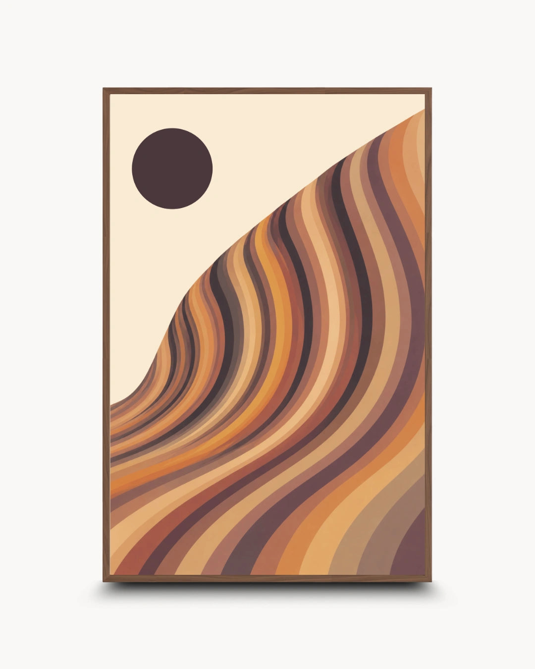 A framed abstract art print featuring wavy, layered organic lines in warm earthy tones of brown, tan, and orange, with a cream background and a dark brown circle in the upper left, shown against a light gray backdrop.