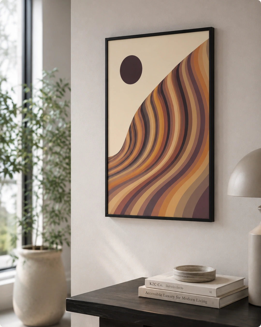 Lifestyle mockup of the geological nature prints in a black frame styled near a dark bench and a tall indoor plant.