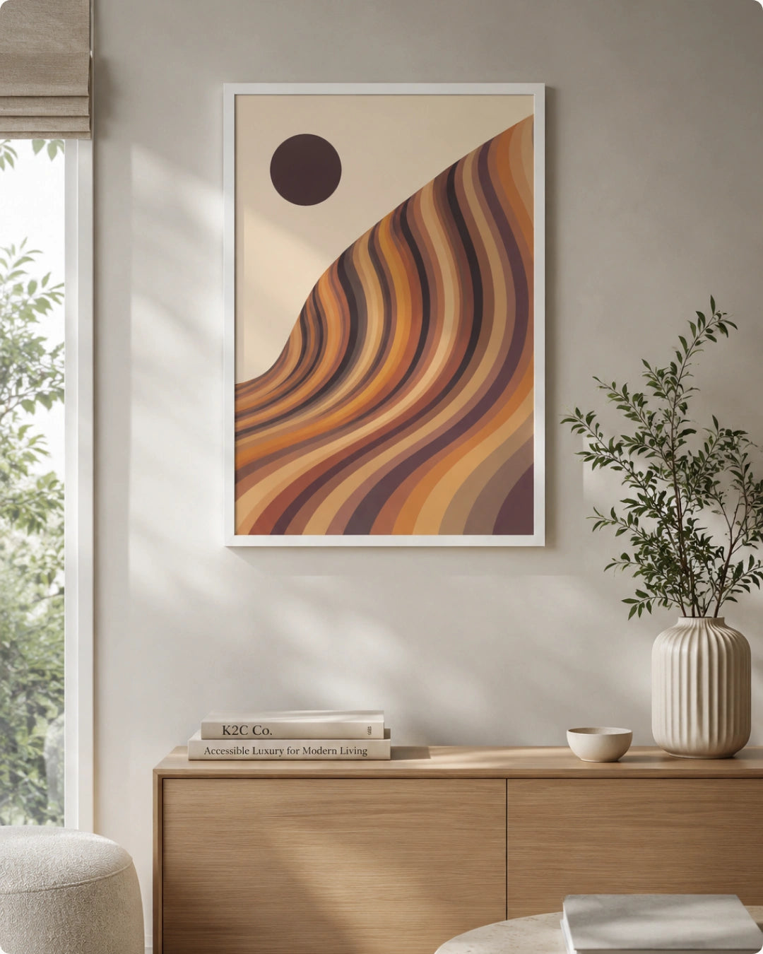 Lifestyle mockup of the geological nature prints in a black frame styled near a dark bench and a tall indoor plant.