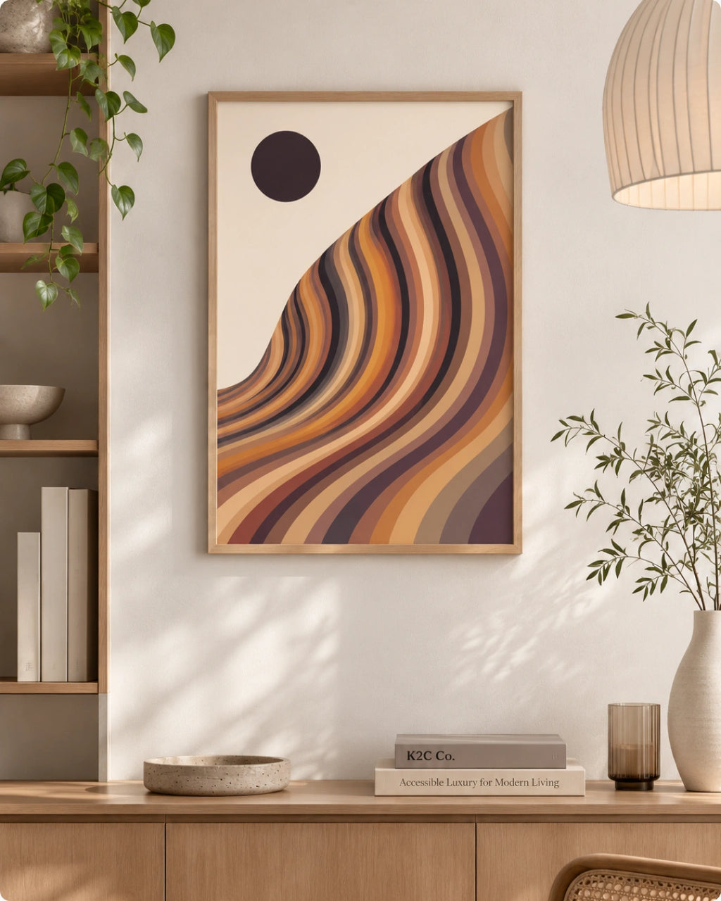 A framed abstract art print featuring wavy diagonal stripes in warm earthy tones of brown, orange, beige, and purple, hanging on a light wall above a wooden console table in a styled interior setting.