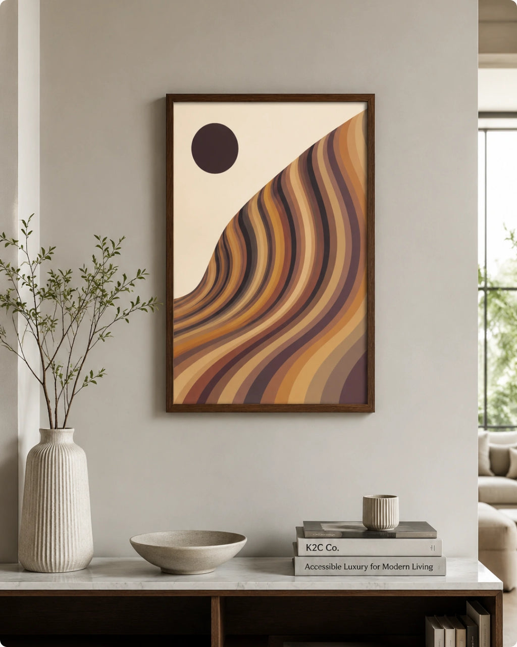 A framed abstract art print featuring wavy diagonal stripes in warm earthy tones of brown, orange, beige, and purple, hanging on a light wall above a wooden console table in a styled interior setting.