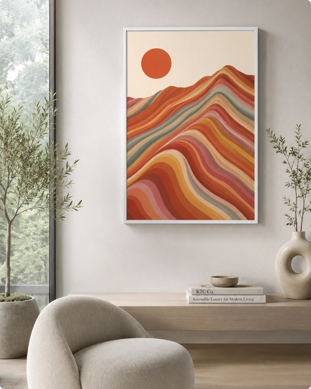 Lifestyle interior mockup of the modern minimalist nature prints in a white frame hung above a ribbed white console near a curvy accent chair.