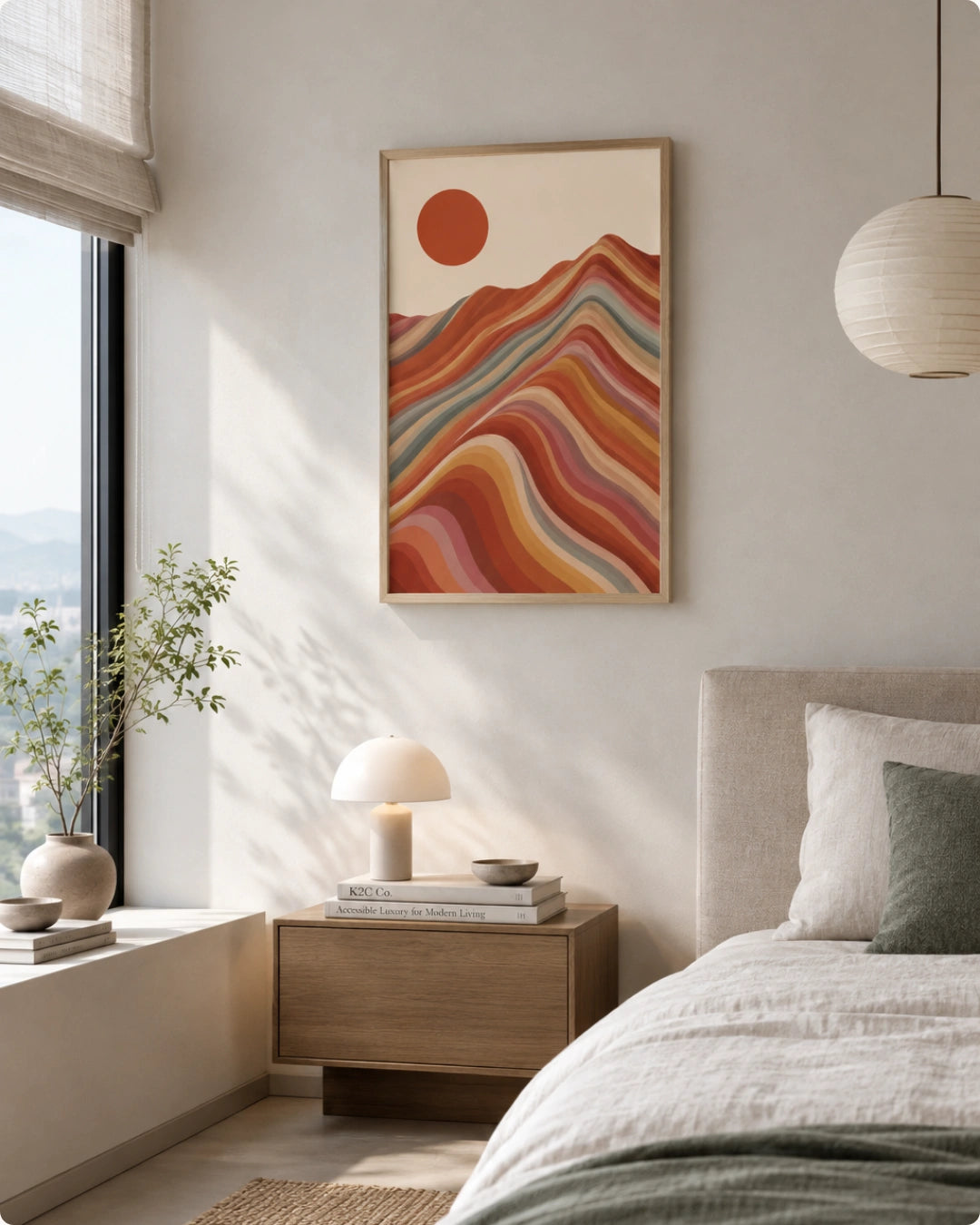 Lifestyle mockup of the muted landscape painting in a maple frame displayed above a wooden nightstand in a serene sunlit bedroom.
