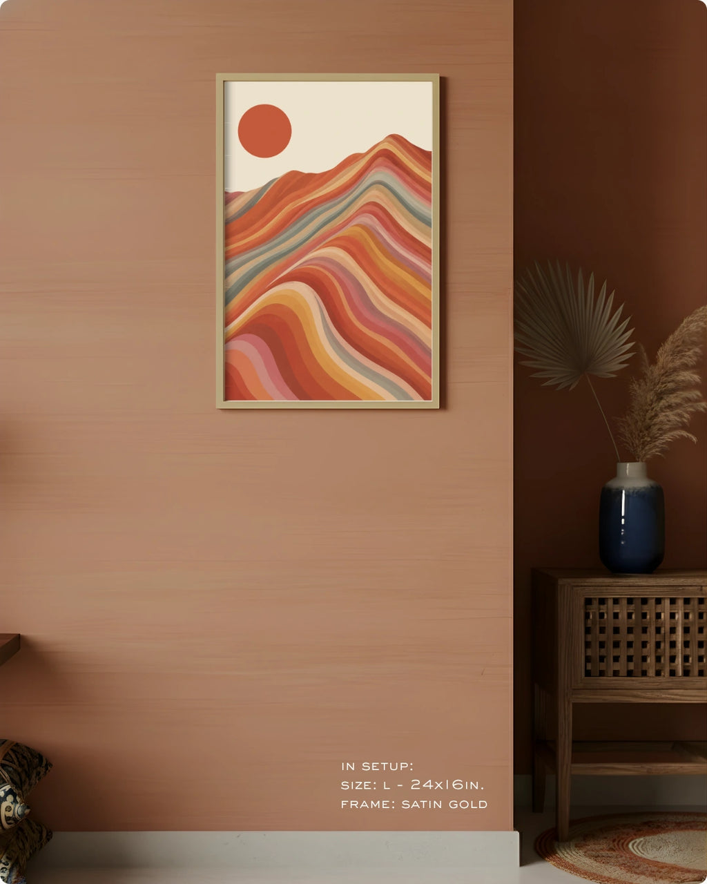 Visual size guide mockup for the landscape artwork in Large size with a gold frame displayed against a terracotta accent wall.