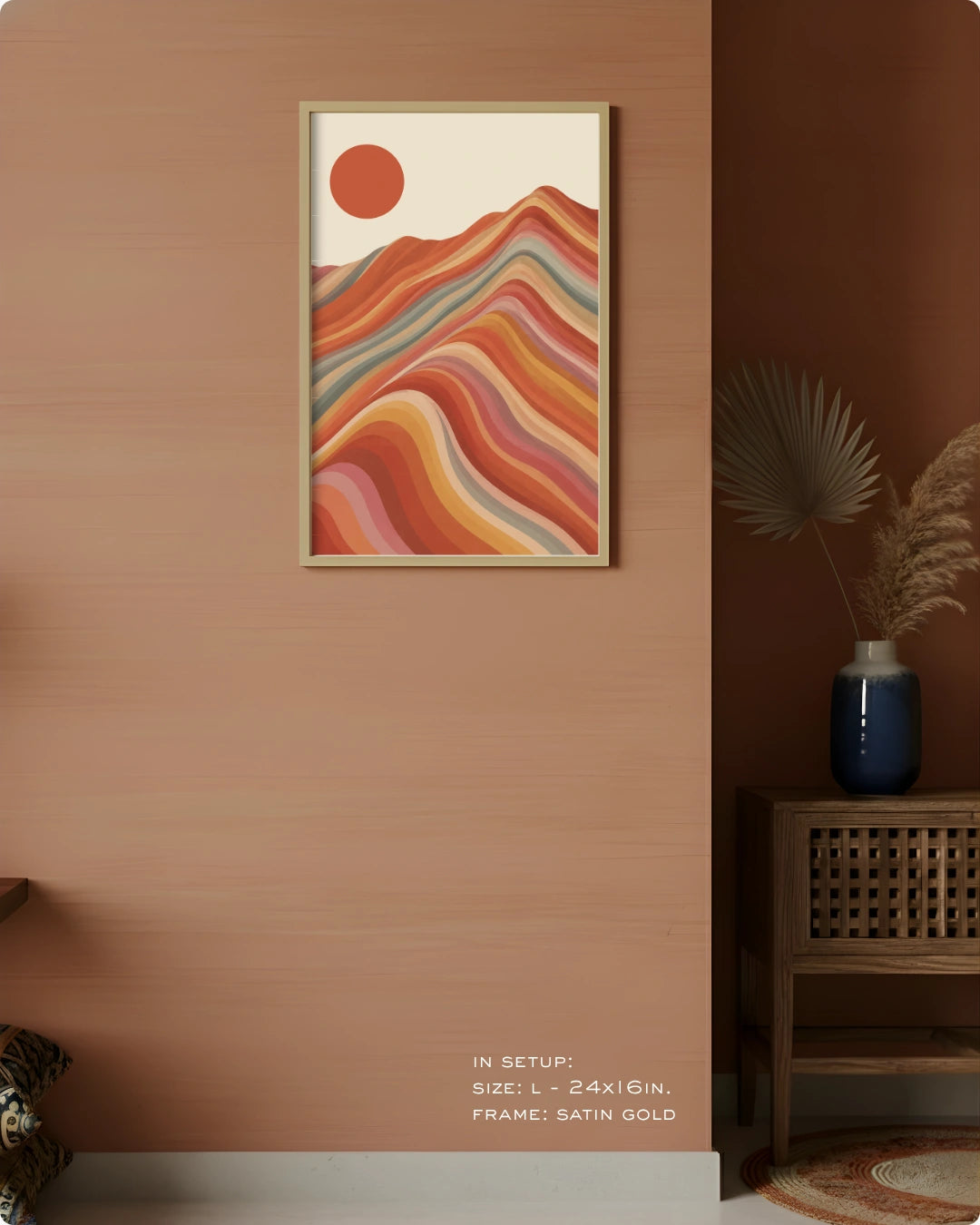 Visual size guide mockup for the landscape artwork in Large size with a gold frame displayed against a terracotta accent wall.