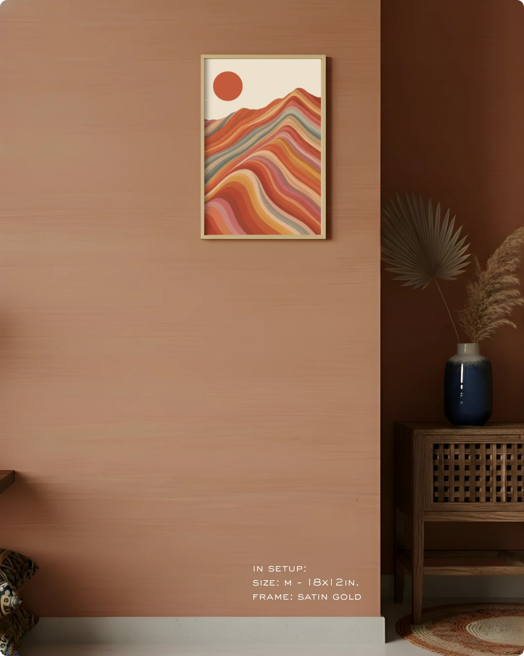 Visual size guide mockup for the modern minimalist nature prints in Medium size with a gold frame displayed against a terracotta accent wall.