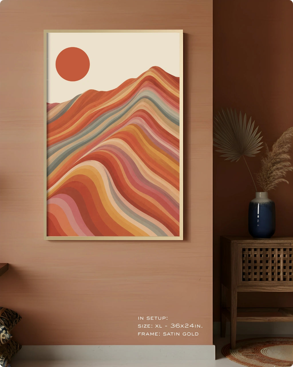 Visual size guide mockup for the large minimalist art above sofa in Extra Large size with a gold frame displayed against a terracotta accent wall.
