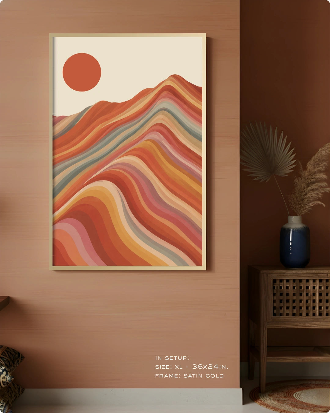 Visual size guide mockup for the large minimalist art above sofa in Extra Large size with a gold frame displayed against a terracotta accent wall.