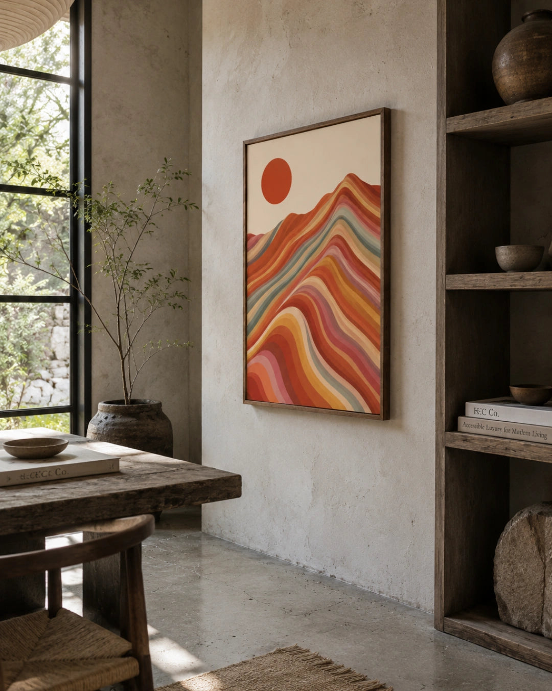 A framed abstract landscape art print featuring wavy orange, red, yellow, and green mountain-like layers with a red sun, displayed on a textured beige wall in a rustic, sunlit room with a wooden table and shelving.