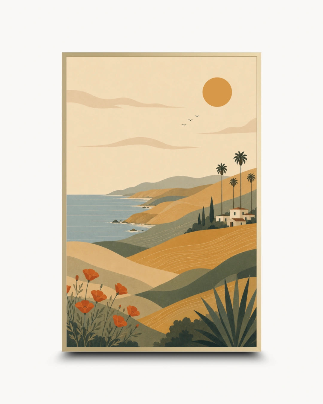 A vertical framed art print featuring a stylized retro landscape illustration with rolling tan hills, a blue sea, palm trees, a small house, orange flowers, and a large sun on a cream background.