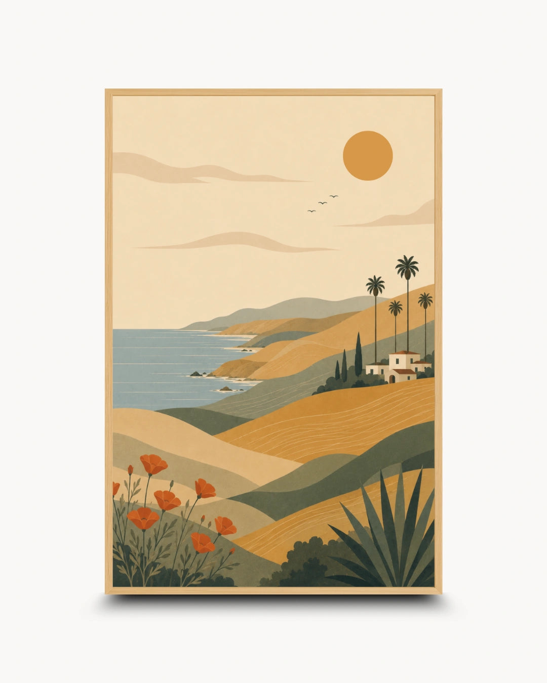 A vertical art print featuring a retro-style landscape illustration with rolling tan hills, a blue ocean, palm trees, a small house, orange flowers, and a large sun on a cream background.