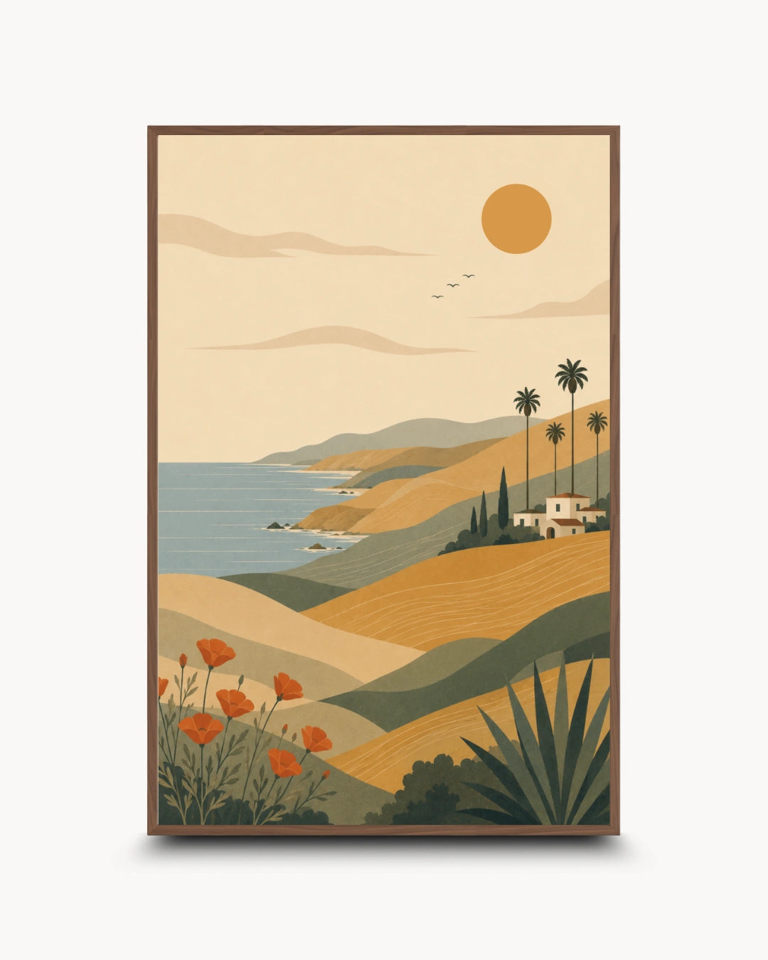 A framed art print featuring a retro-style landscape illustration with rolling tan hills, a blue ocean, palm trees, a small house, orange flowers, and a yellow sun on a cream background.