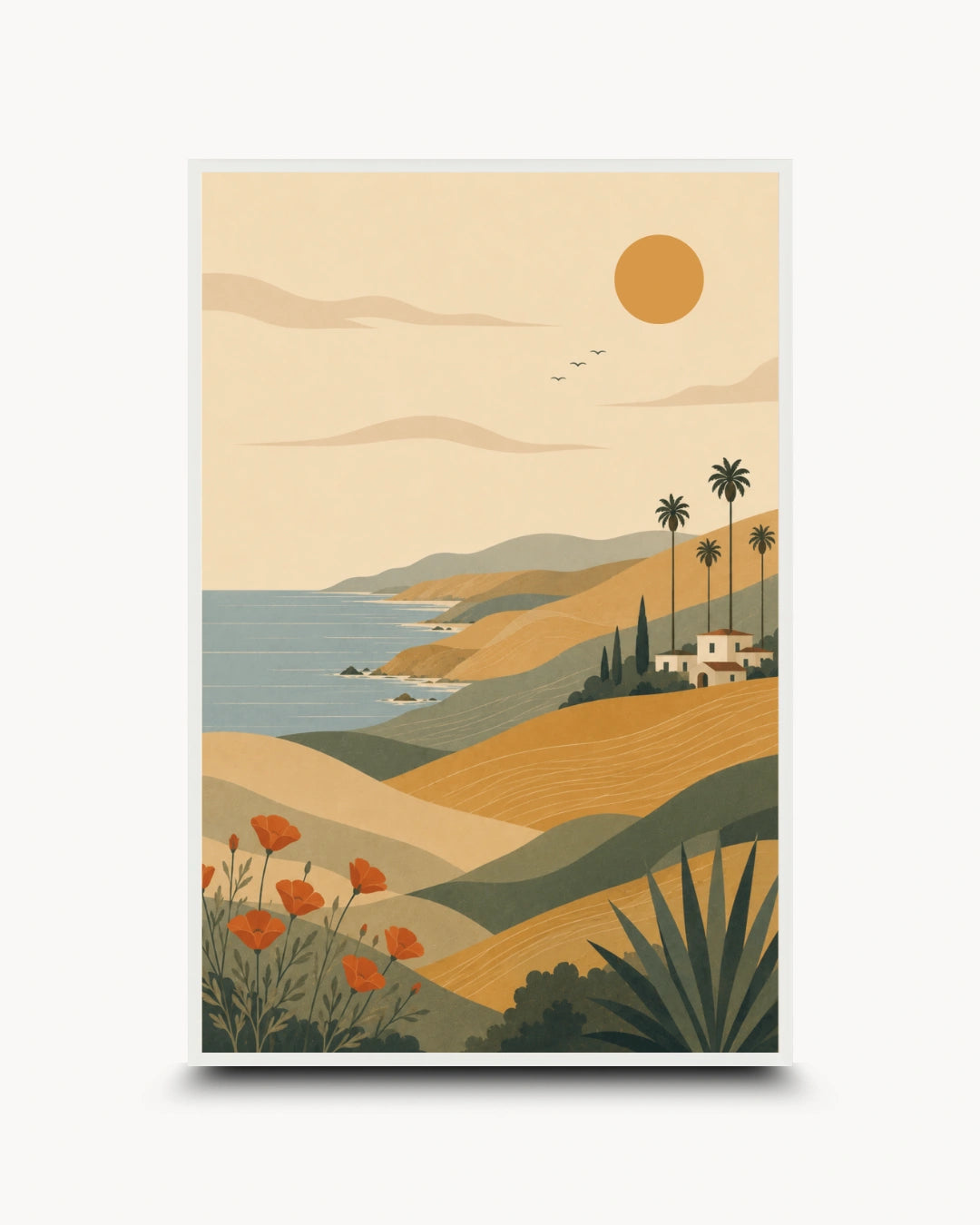 A vertical art print featuring a retro-style landscape illustration with rolling tan hills, a blue ocean, palm trees, a small house, orange flowers, and a large sun on a cream background.