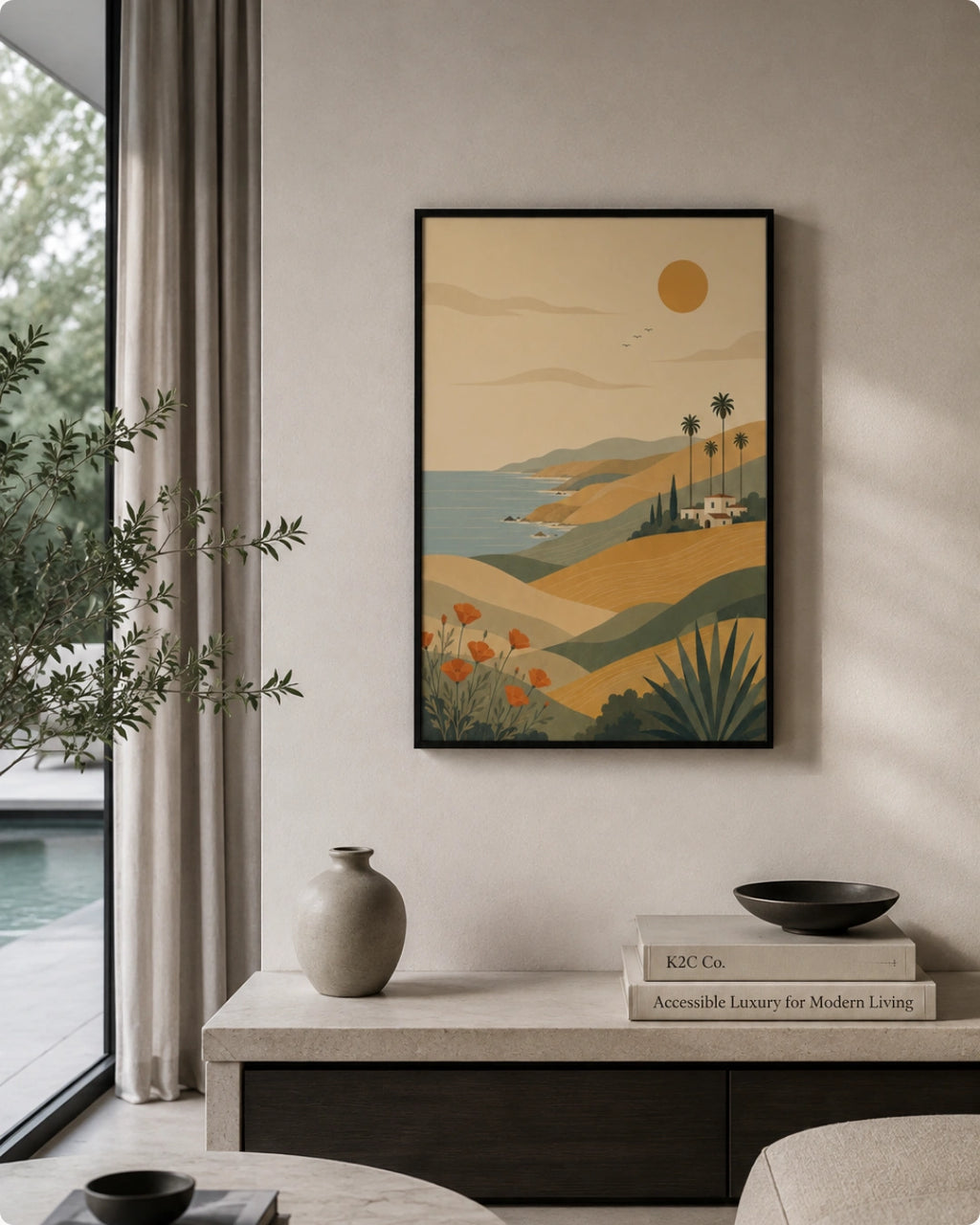 A framed art print featuring a retro-style desert landscape with hills, palm trees, a pool, and a sun, displayed on a beige wall in a modern living room setting.