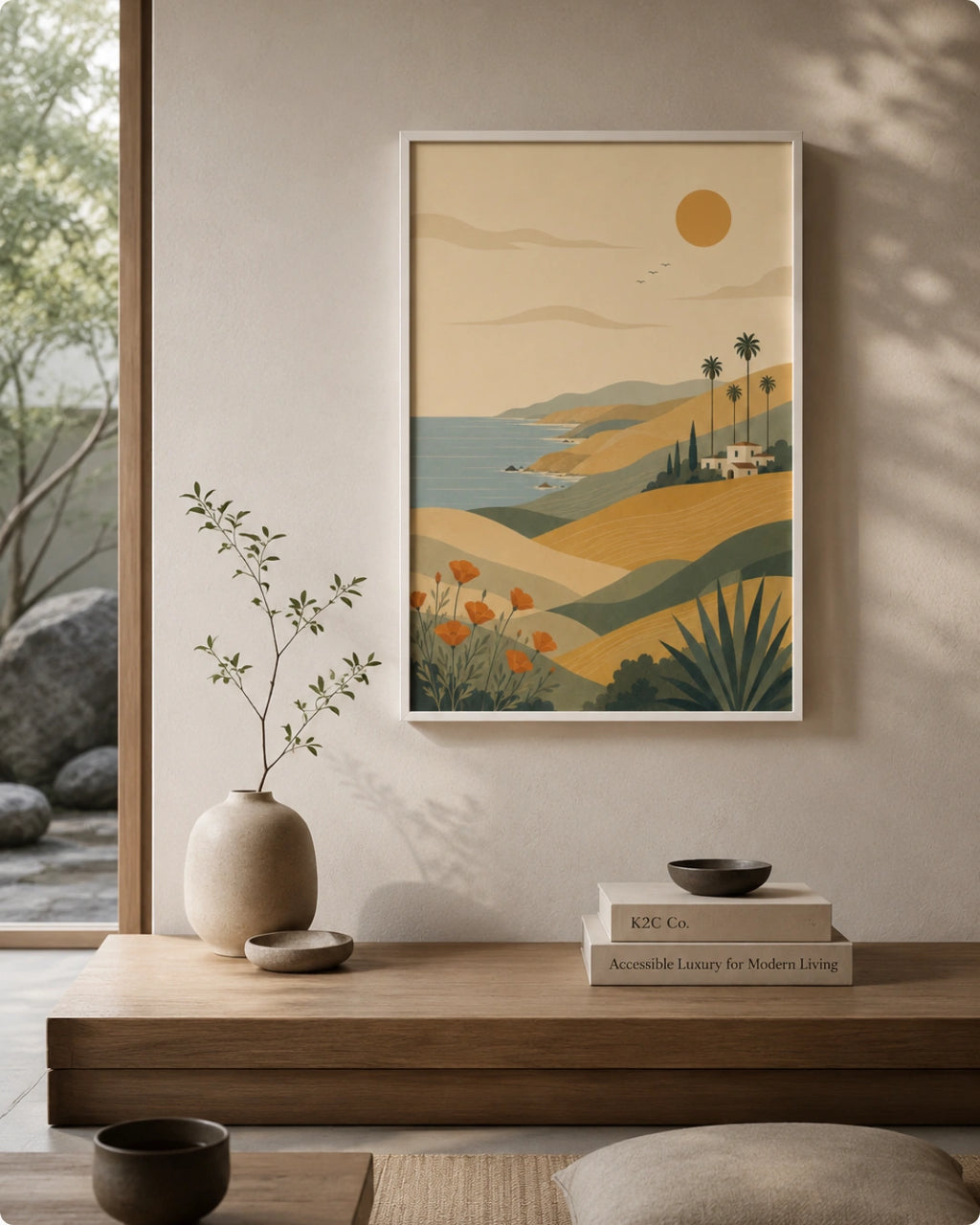 A framed art print featuring a stylized retro landscape with hills, palm trees, a sun, and ocean, displayed on a beige wall in a modern, sunlit room with a wooden console table, books, and a ceramic vase.