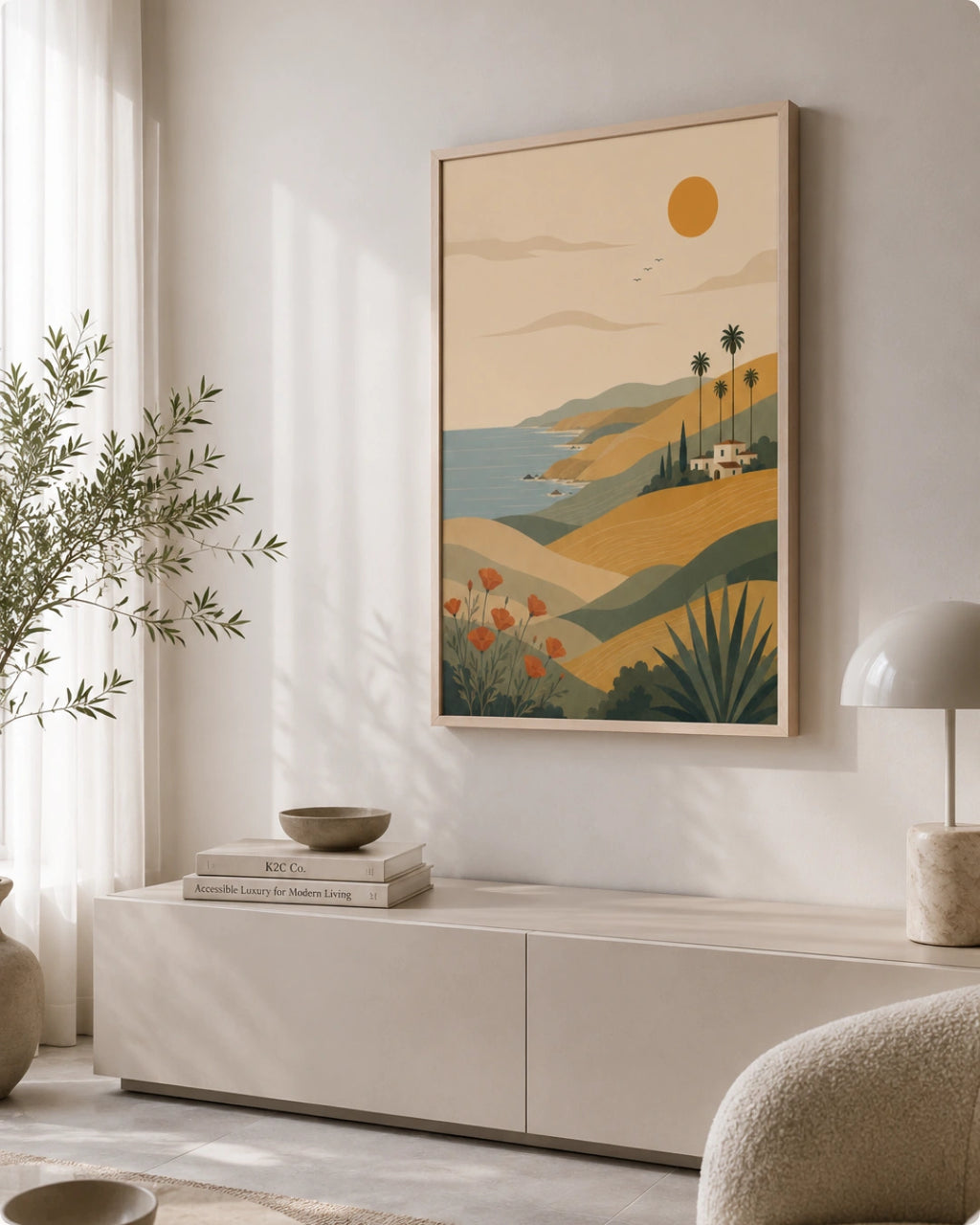 A framed art print featuring a retro-style landscape with rolling hills, palm trees, a blue sea, and a yellow sun, displayed on a wall in a modern, sunlit living room above a cream console table.