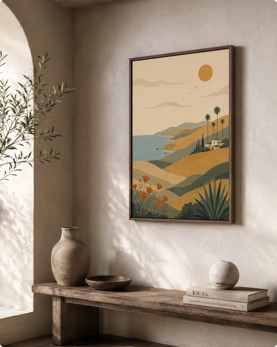 A framed art print featuring a retro-style coastal landscape with rolling hills, palm trees, a blue sea, and a yellow sun, displayed on a textured beige wall above a rustic wooden bench with decorative vases and books.
