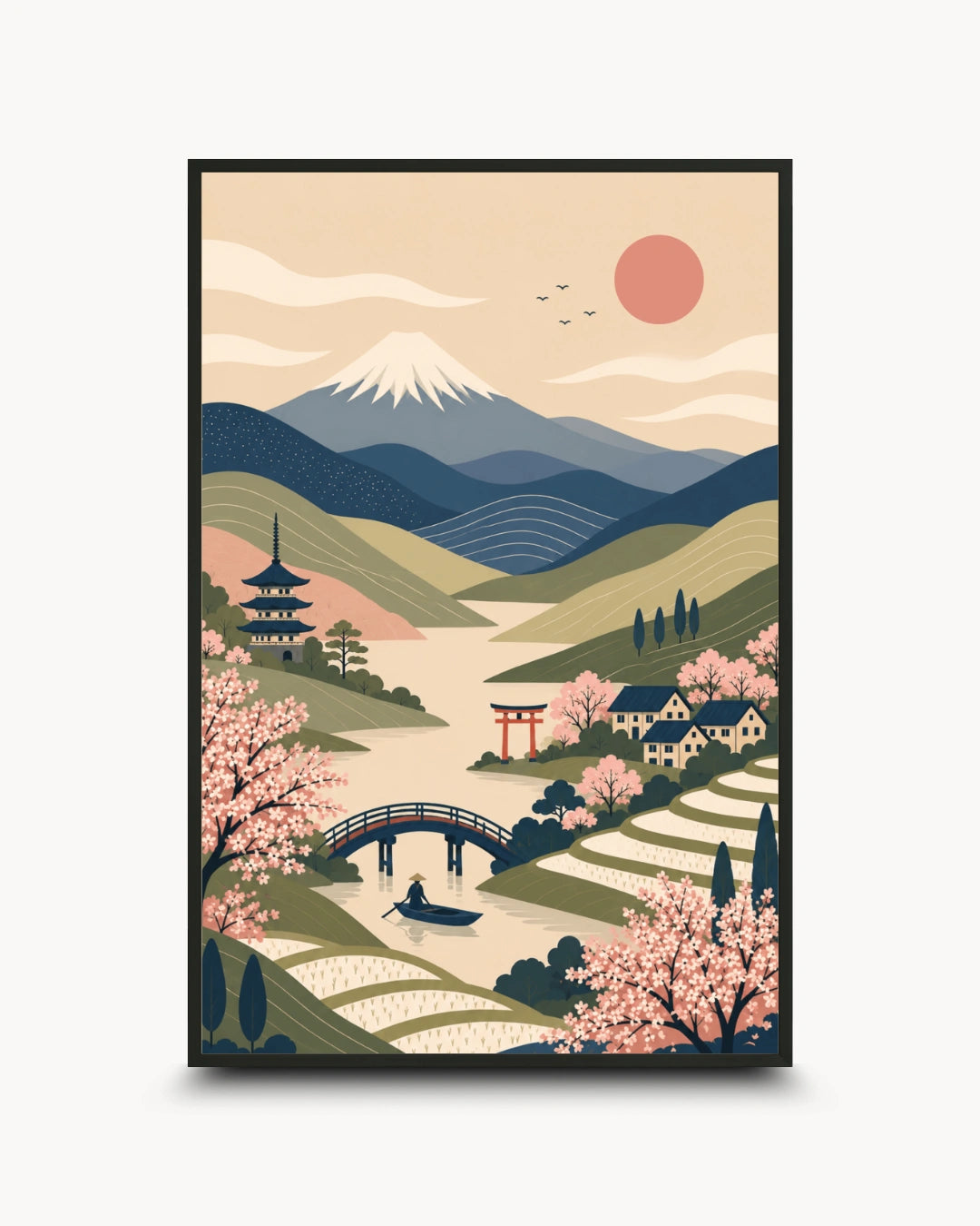 A framed art print featuring a stylized Japanese landscape with pink cherry blossoms, a red torii gate, a small boat on a river, a pagoda, and a snow-capped mountain under a pink sun.